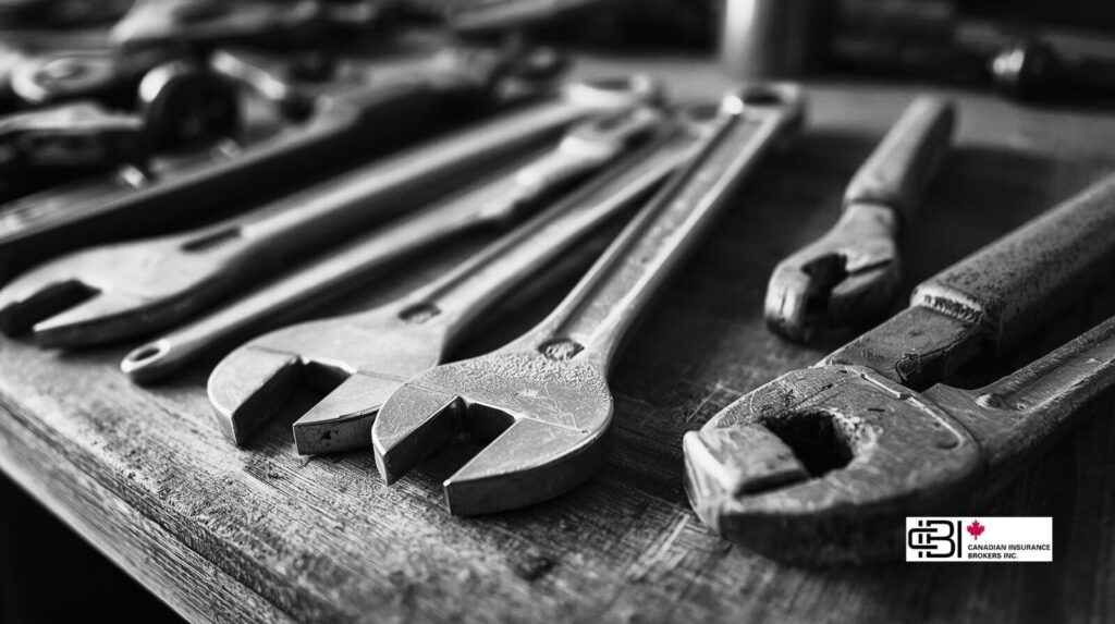 Close-up of metal wrenches and plumbing tools on a wooden workbench, representing professional plumbing services and insurance coverage for plumbers in Oakville.