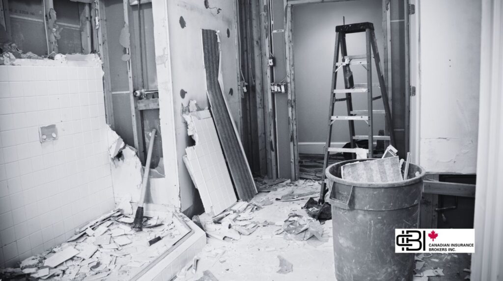 Interior demolition work during a renovation in Ontario, showing debris and partial wall removal covered by demolition insurance