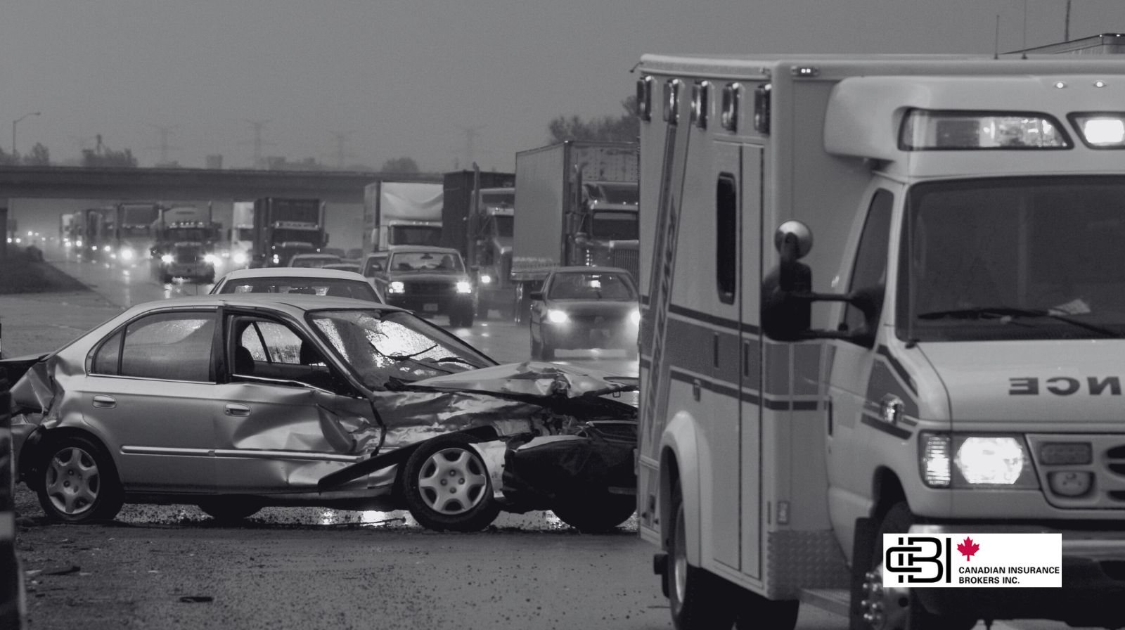 Car collision scene with ambulance responding on Ontario highway involving accident benefits Ontario coverage