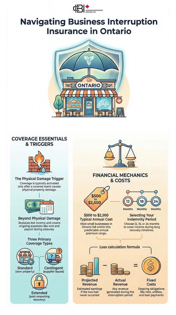 Infographic explaining business interruption insurance coverage and costs in Ontario