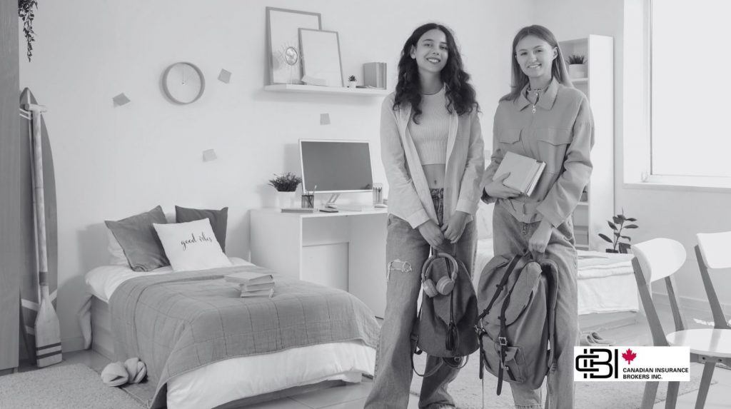Two students standing in a shared apartment with backpacks, representing student housing insurance for renters and shared living spaces.
