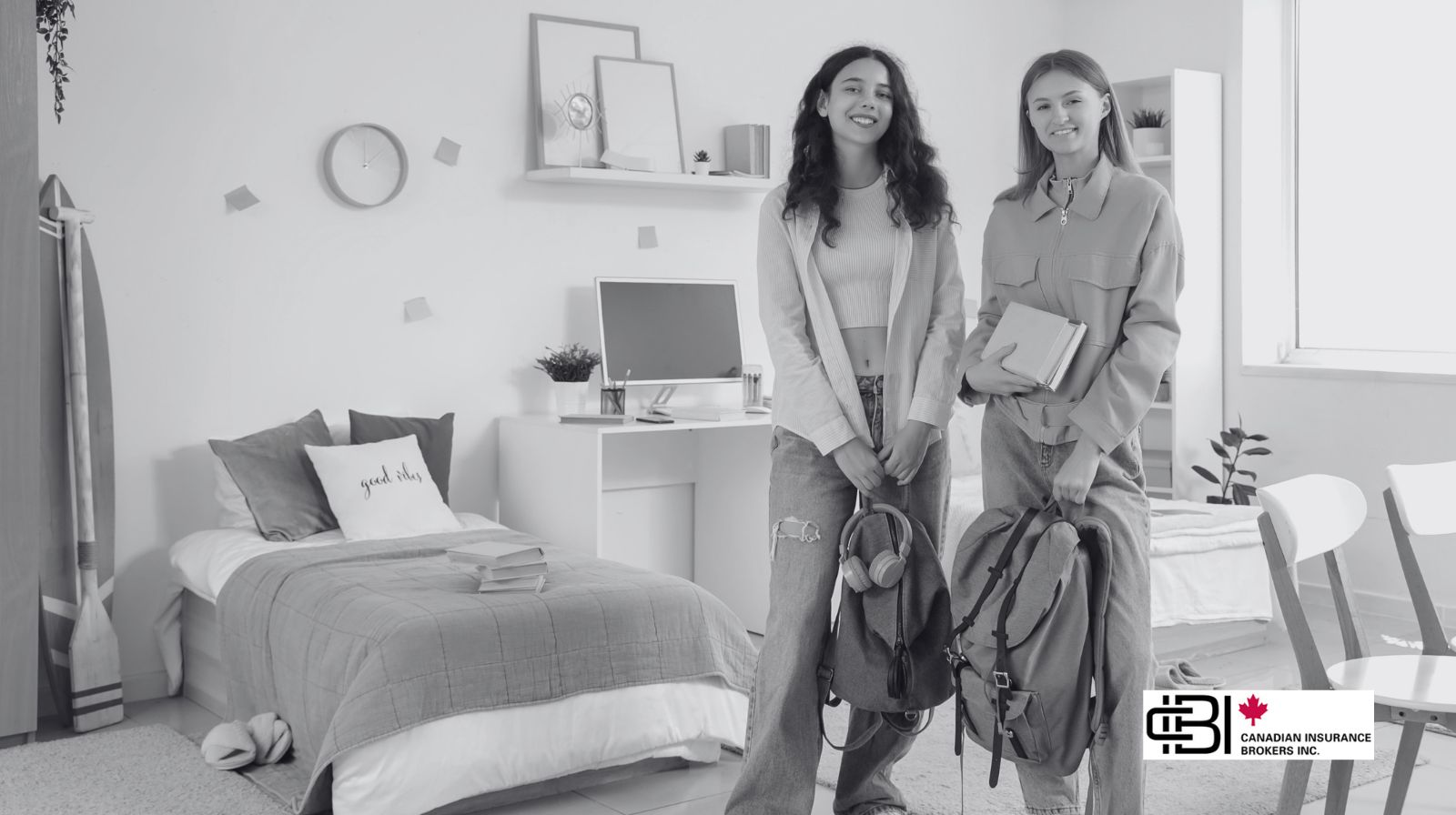Two students standing in a shared apartment with backpacks, representing student housing insurance for renters and shared living spaces.