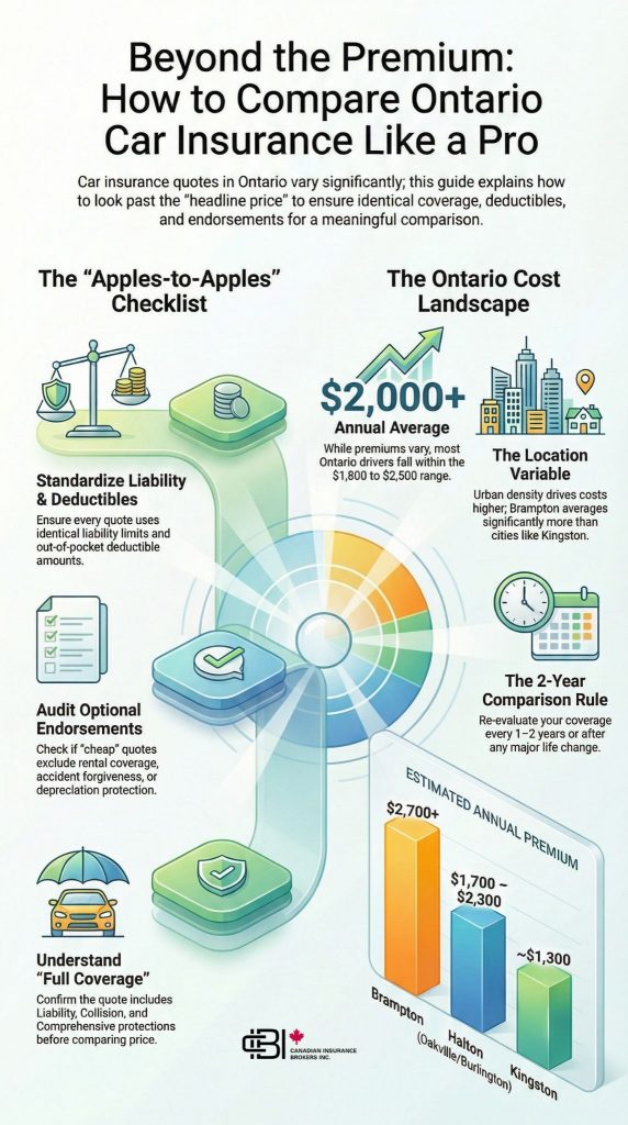 Infographic guide on How to Compare Car Insurance in Ontario, including deductible checks, endorsements, and cost differences