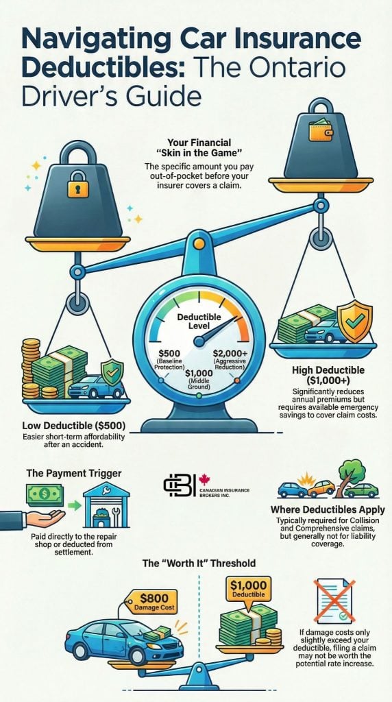 Infographic guide to Deductible In Car Insurance for Ontario drivers showing low vs high deductible comparisons