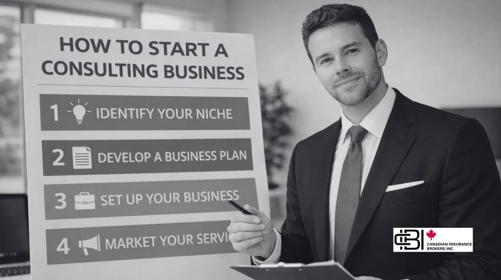 James inwood presenting steps on a board illustrating How To Start a Consulting Business including niche selection and business planning