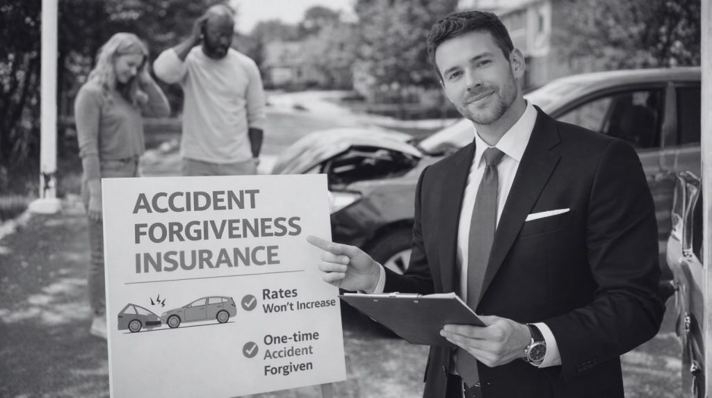 James Inwood presenting Accident Forgiveness coverage to clients after a car accident scene