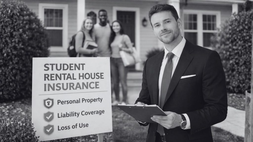 James Inwood the insurer standing in front of a student rental house holding a clipboard beside a sign about student housing insurance coverage including liability and personal property.