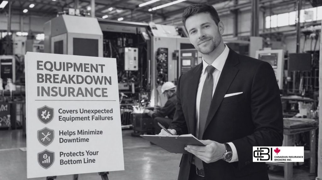 James Inwood standing in a factory holding a clipboard beside a sign about equipment breakdown insurance covering failures, downtime, and financial protection.