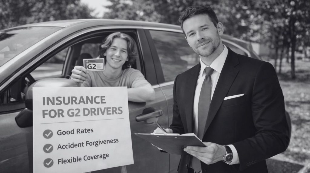 James Inwood standing beside a G2 driver holding a license and a sign about G2 insurance coverage including good rates, accident forgiveness, and flexible options.
