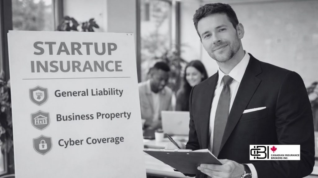 James Inwood standing beside a sign about startup insurance coverage including general liability, business property, and cyber protection.