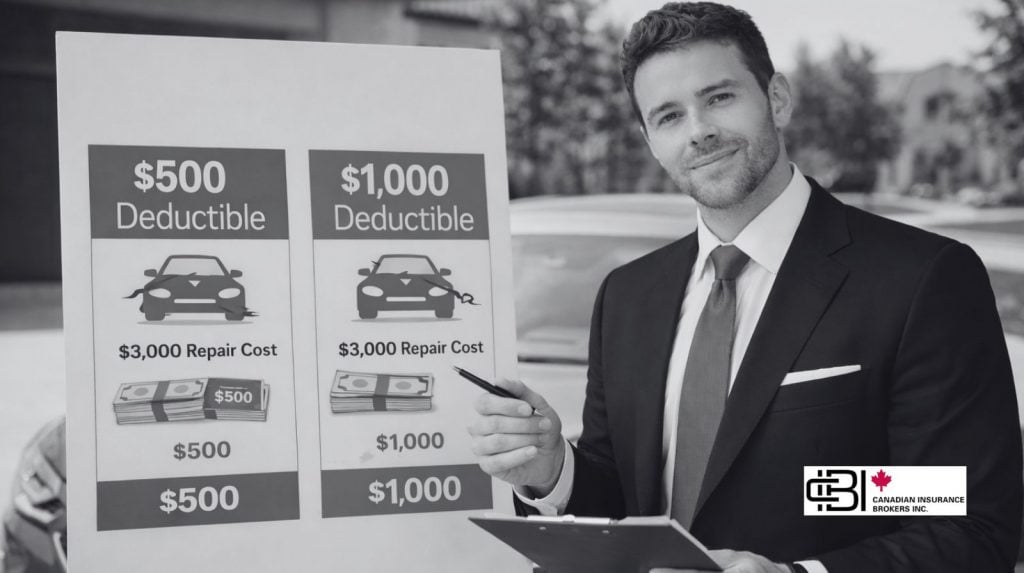 Insurance advisor explaining Deductible In Car Insurance options with $500 and $1,000 comparison chart