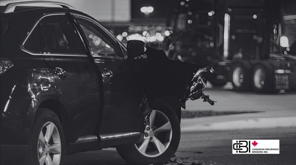 Damaged vehicle after a nighttime collision, representing the dangers and consequences of impaired driving Ontario.