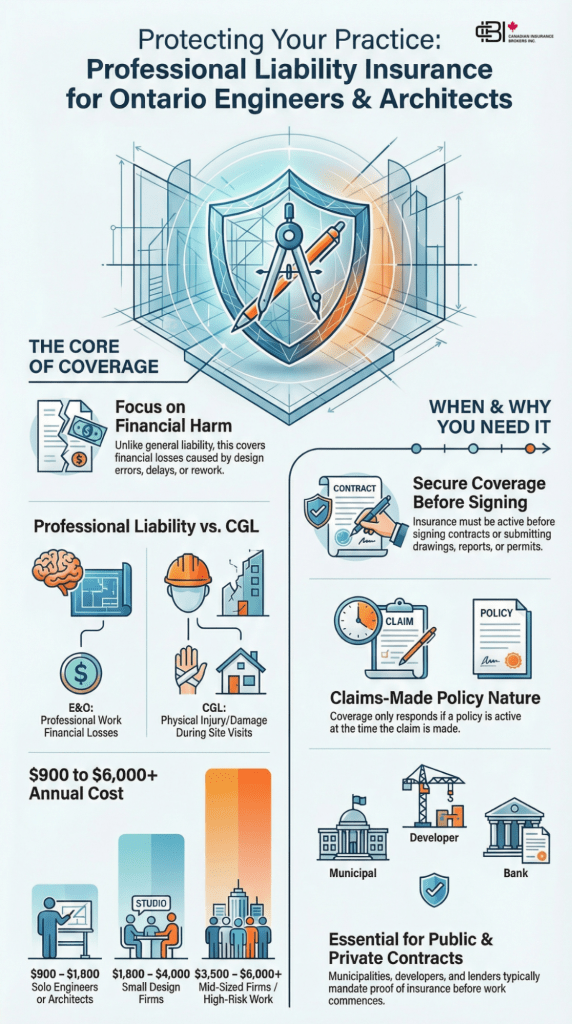 Infographic showing Protecting Your Practice: Professional Liability Insurance for Ontario Engineers & Architects