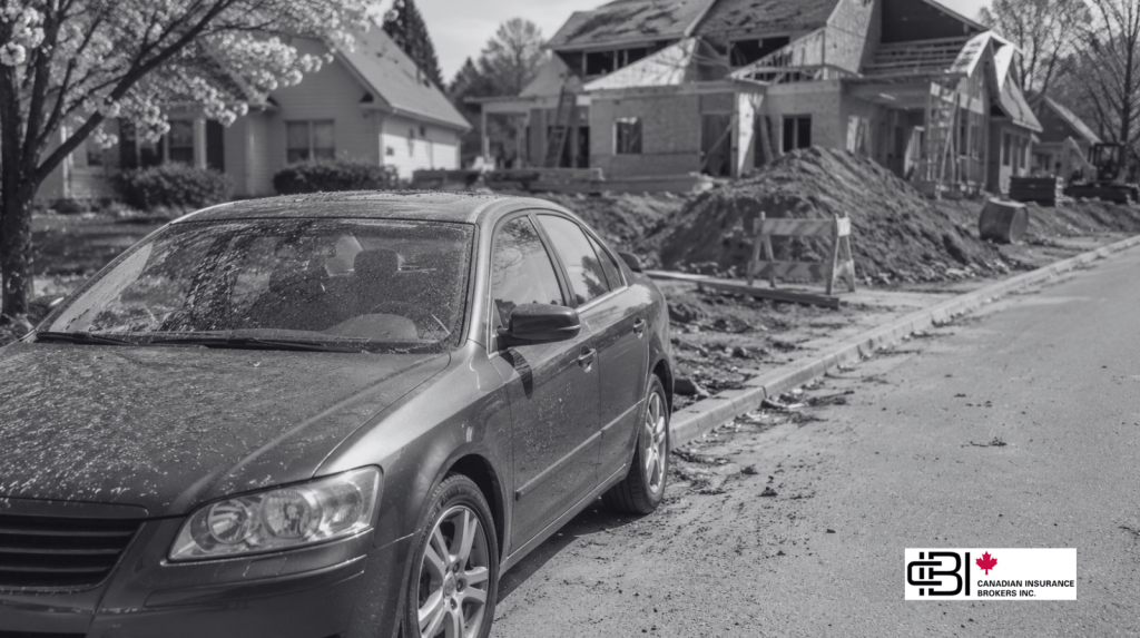 Car parked beside a residential construction project showing potential Spring Construction insurance risks for home and auto coverage