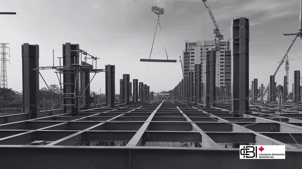 Steel framework of a commercial build illustrating course of construction insurance coverage during active structural development