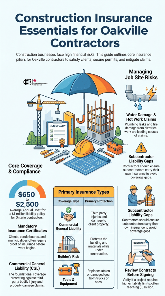 Construction insurance infographic for Oakville contractors showing liability coverage, builder’s risk, certificates, and job site risks