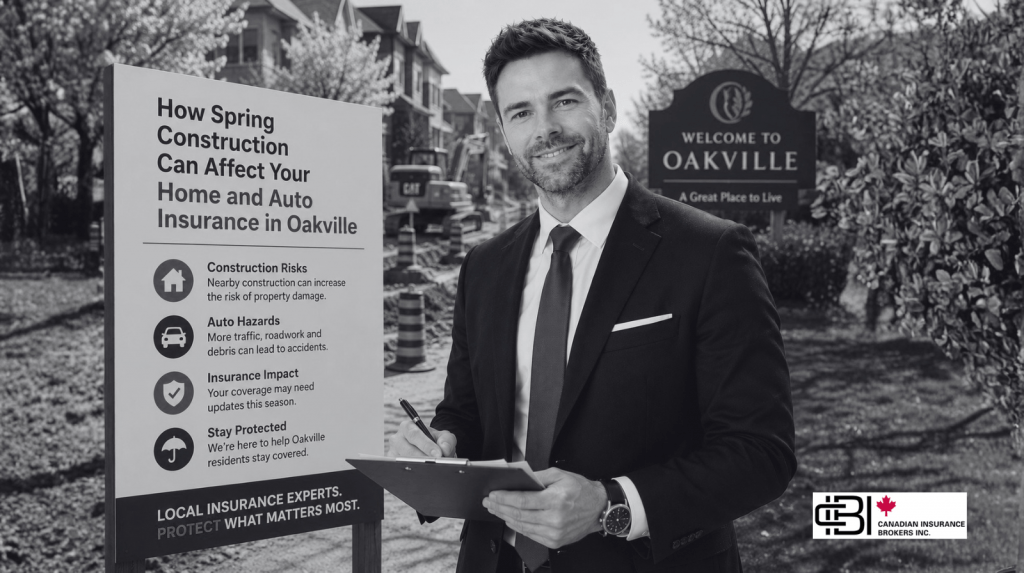 James explaining Spring Construction insurance impacts on home and auto policies in Oakville neighborhood