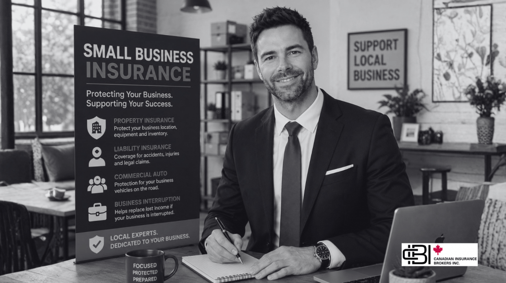 James presenting small business insurance solutions in an office setting