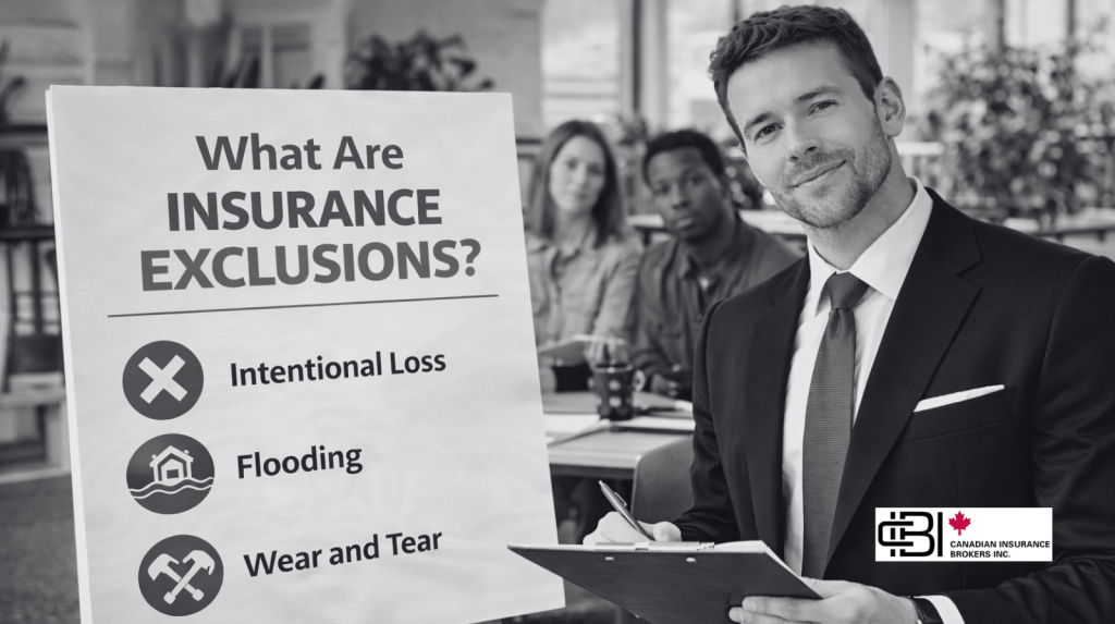 James Inwood, insurance broker, presenting common insurance exclusions including intentional loss, flooding, and wear and tear.