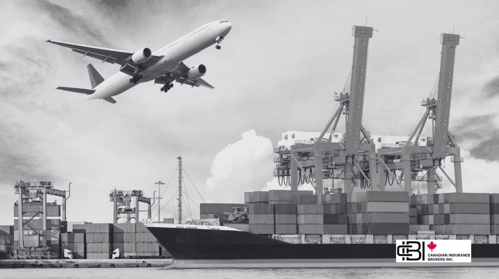 Cargo ship, shipping containers, and aircraft at a transportation hub representing cargo insurance in Ontario for domestic and international shipments