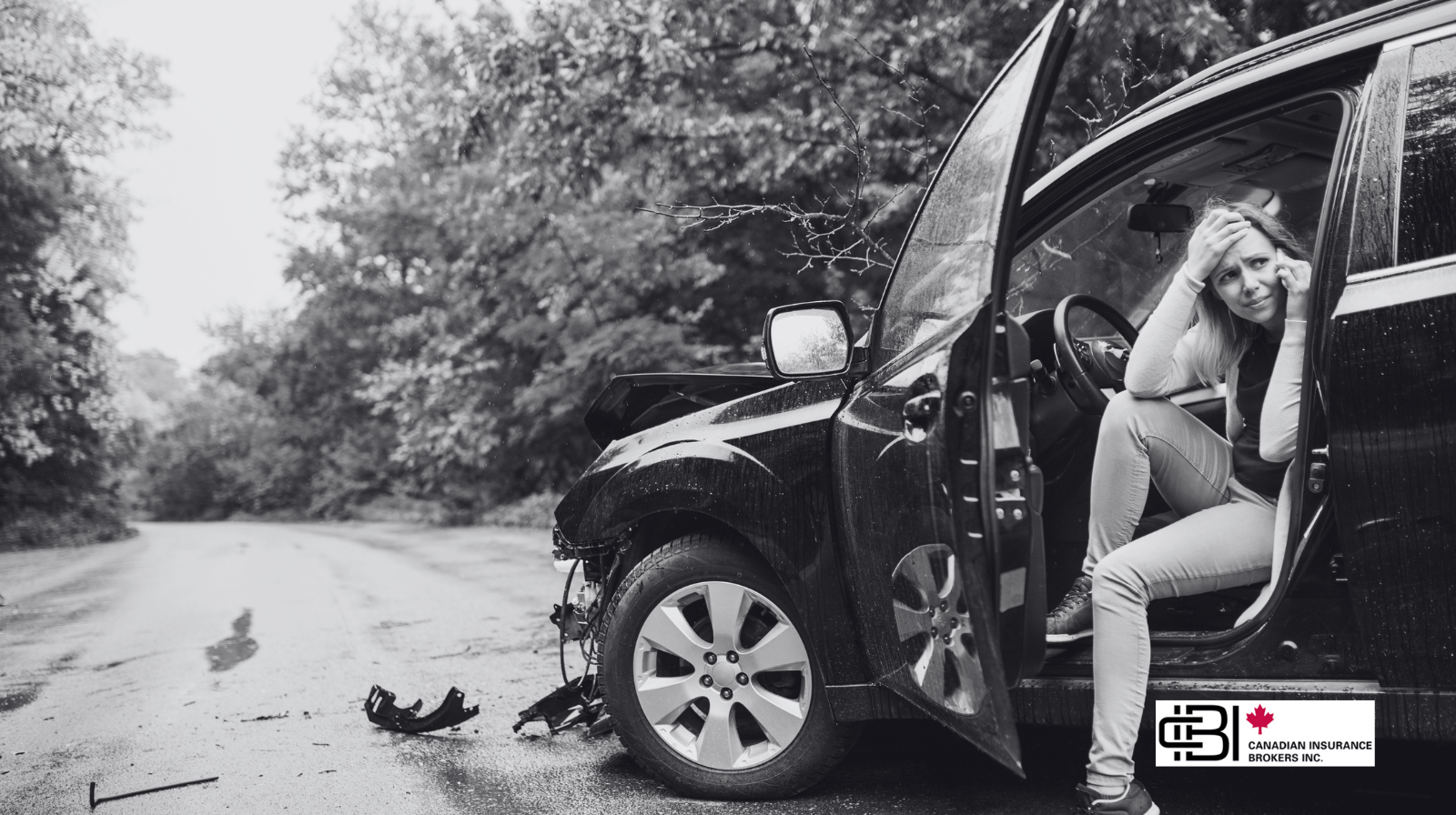 Driver sitting beside a damaged vehicle after a collision, highlighting the importance of comprehensive car insurance in Oakville