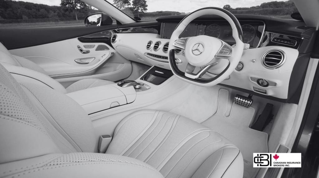 Premium leather interior of a luxury vehicle, representing luxury car insurance in Oakville and coverage for expensive repairs and replacement costs