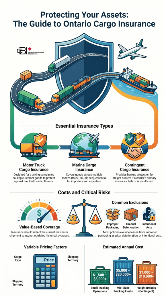 Infographic explaining cargo insurance in Ontario, including transportation methods, coverage types, risks, exclusions, and pricing considerations
