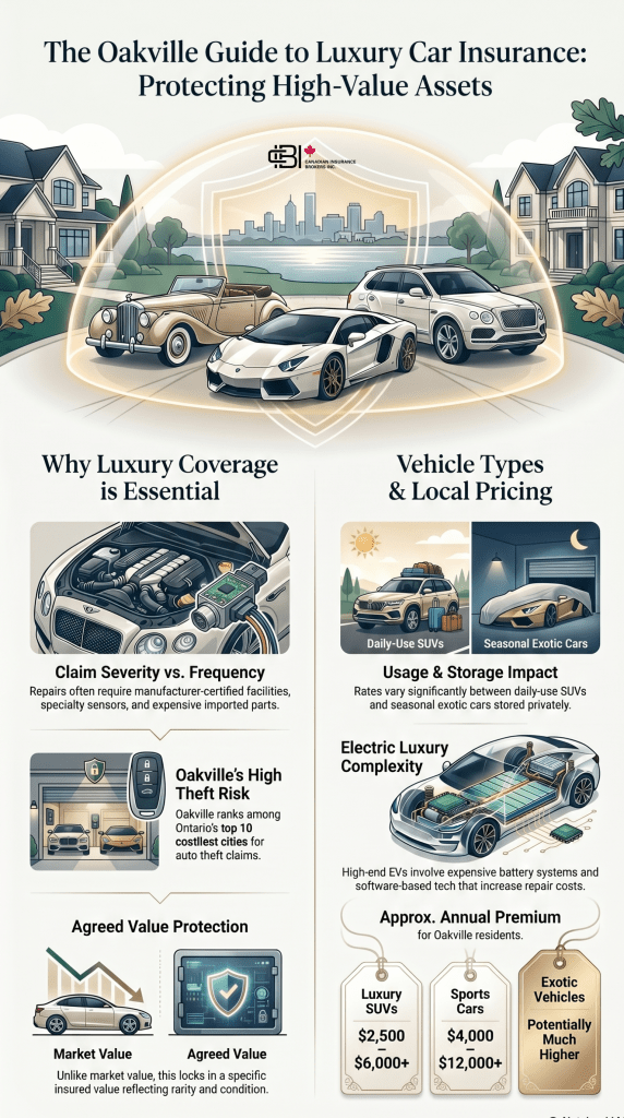 Infographic about luxury car insurance in Oakville covering agreed-value protection, vehicle types, theft risks, and premium cost considerations