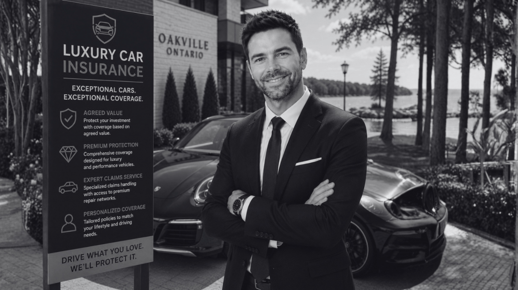 James standing beside a luxury car insurance display in Oakville, discussing coverage options for luxury and performance vehicles.