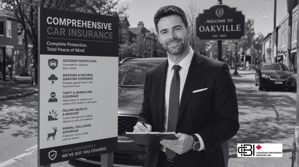 James presenting comprehensive car insurance in Oakville beside an informational coverage sign
