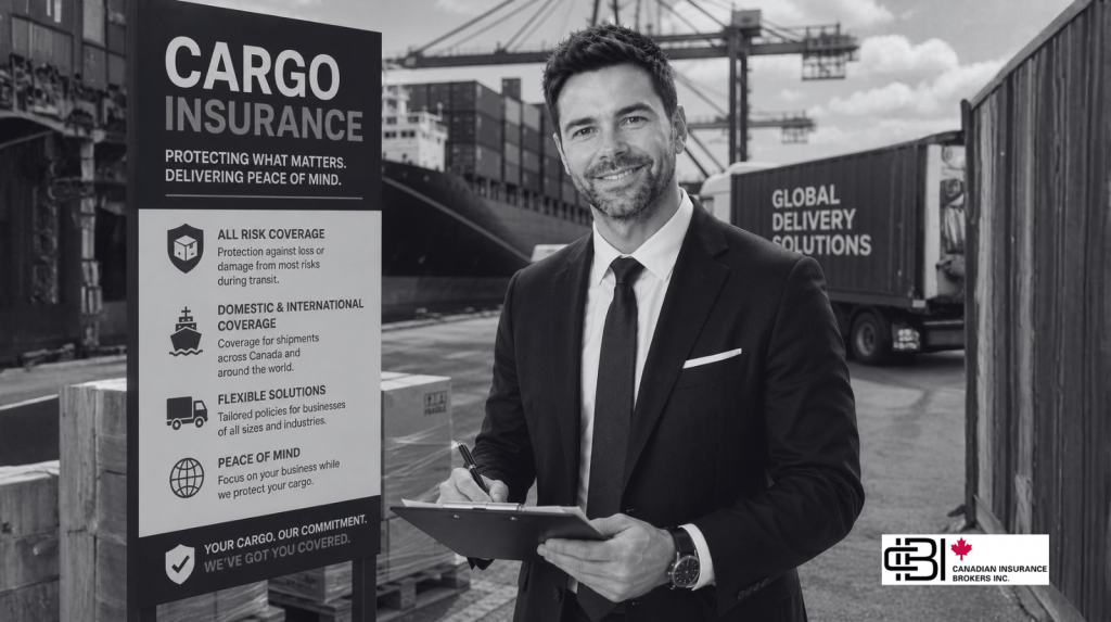 James presenting cargo insurance in Ontario at a shipping terminal with containers, trucks, and cargo operations in the background