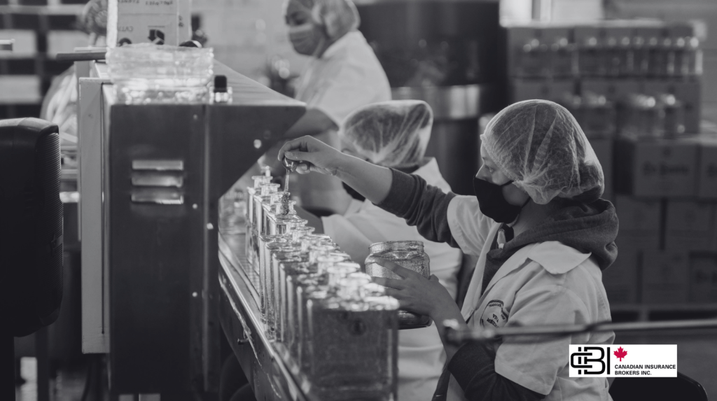 Workers bottling spirits on a production line at an Ontario distillery, illustrating distillery insurance in Ontario for manufacturing operations, employees, and equipment