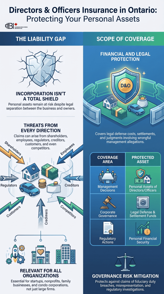 Directors and Officers Insurance Ontario infographic explaining liability risks, legal protection, and personal asset coverage.