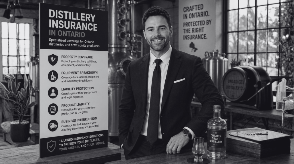 James standing inside a craft distillery beside a Distillery Insurance in Ontario display, explaining coverage for Ontario distilleries and spirits producers