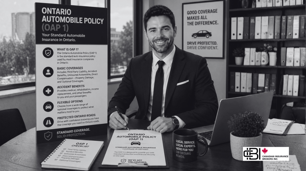 James seated beside an Ontario Automobile Policy (OAP 1) display, explaining Ontario Auto Insurance Reform 2026, OAP 1 policy changes, mandatory coverage, and optional benefits for Ontario drivers