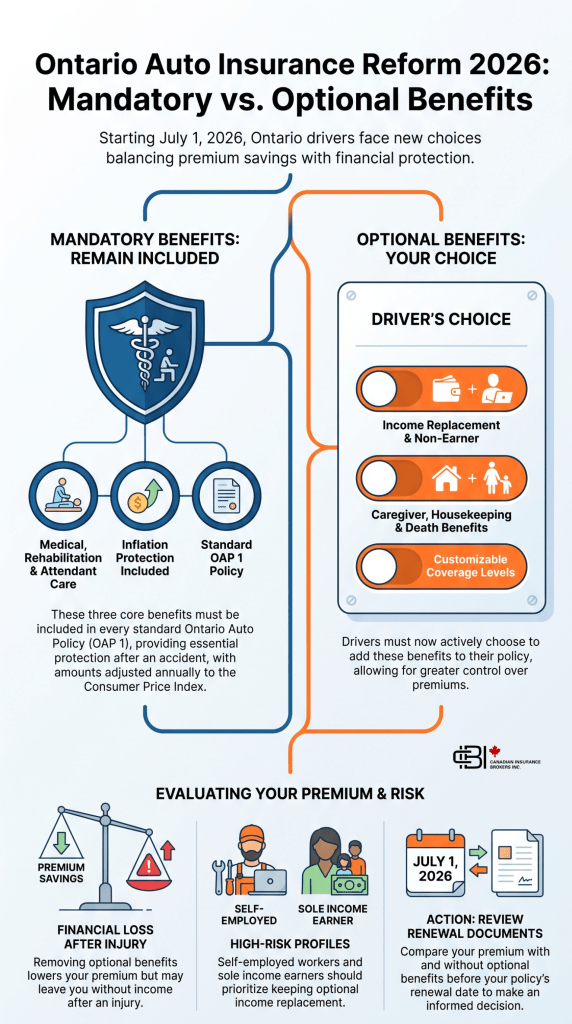Infographic explaining Ontario Auto Insurance Reform 2026 and OAP 1 policy changes, comparing mandatory accident benefits with optional coverages, premium considerations, and renewal decisions for Ontario drivers
