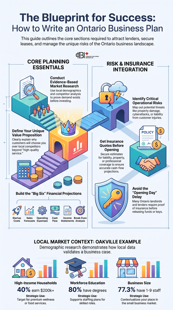 Infographic explaining how to write an Ontario business plan, covering market research, financial projections, business strategy, risk management, insurance planning, and local market insights