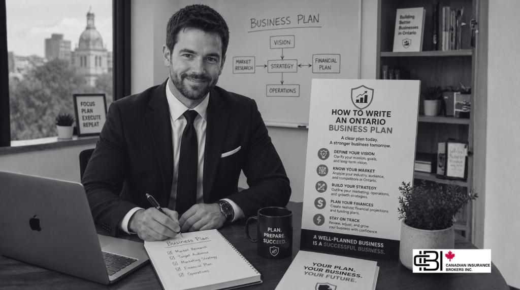 James seated in an office beside a How to Write an Ontario Business Plan display, explaining business planning, market research, financial projections, and insurance considerations for Ontario entrepreneurs