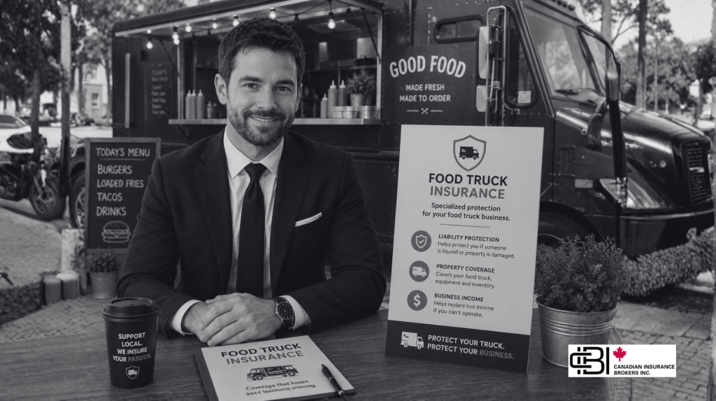James seated in front of a food truck beside a Food Truck Insurance display, explaining specialized insurance coverage for Ontario food truck businesses, including liability, property, and business income protection
