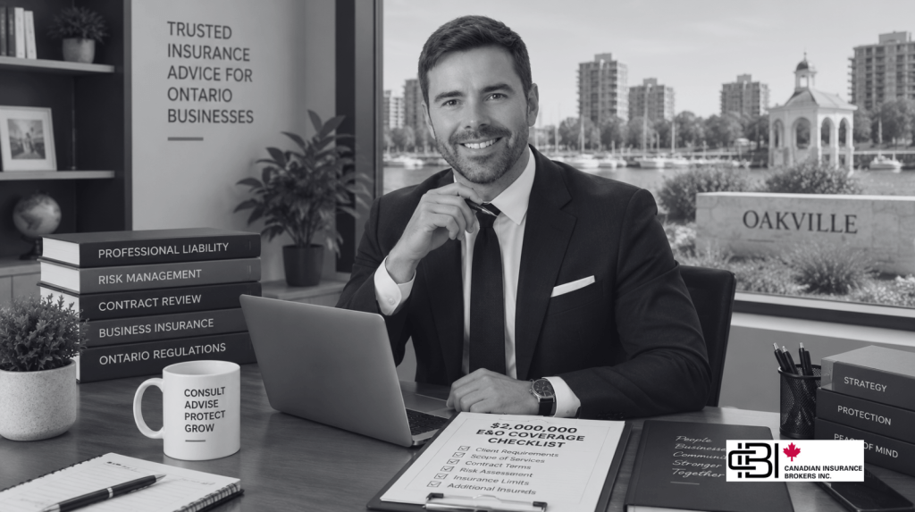 James seated in an Oakville office with a $2 million Errors and Omissions (E&O) insurance checklist, discussing professional liability coverage for consultants in Ontario