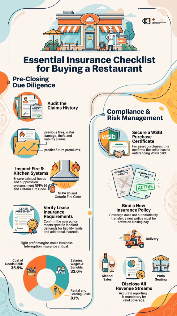 Infographic outlining an essential insurance checklist for buying an existing restaurant in Ontario, including claims history, fire and kitchen inspections, lease insurance requirements, WSIB clearance, new policy activation, and revenue disclosure.