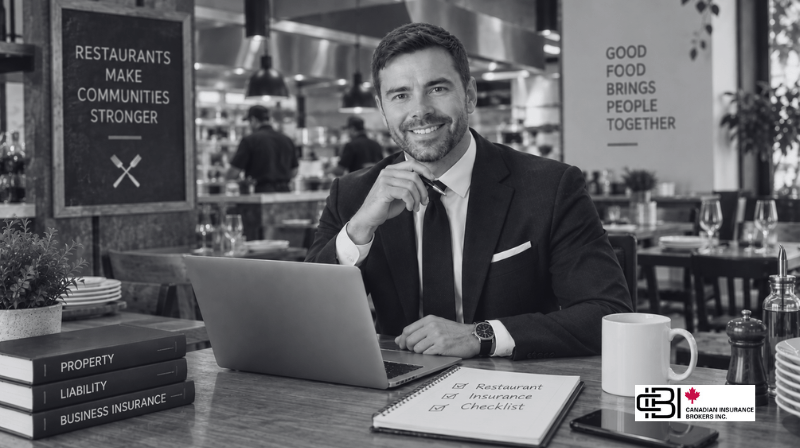 James seated inside a restaurant reviewing a restaurant insurance checklist for buyers, including property, liability, equipment breakdown, business interruption, liquor liability, and WSIB coverage.